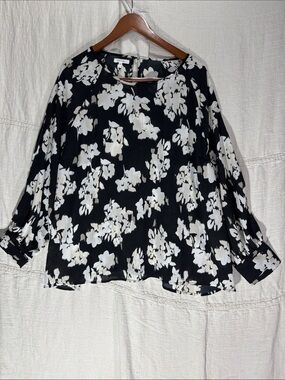Maurices Black White Floral Blouse Plus Size 3X Flowy Long Sleeve Boho Career